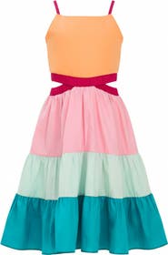 Mia Belle Girls Sunset Sorbet Tiered Colorblock Dress