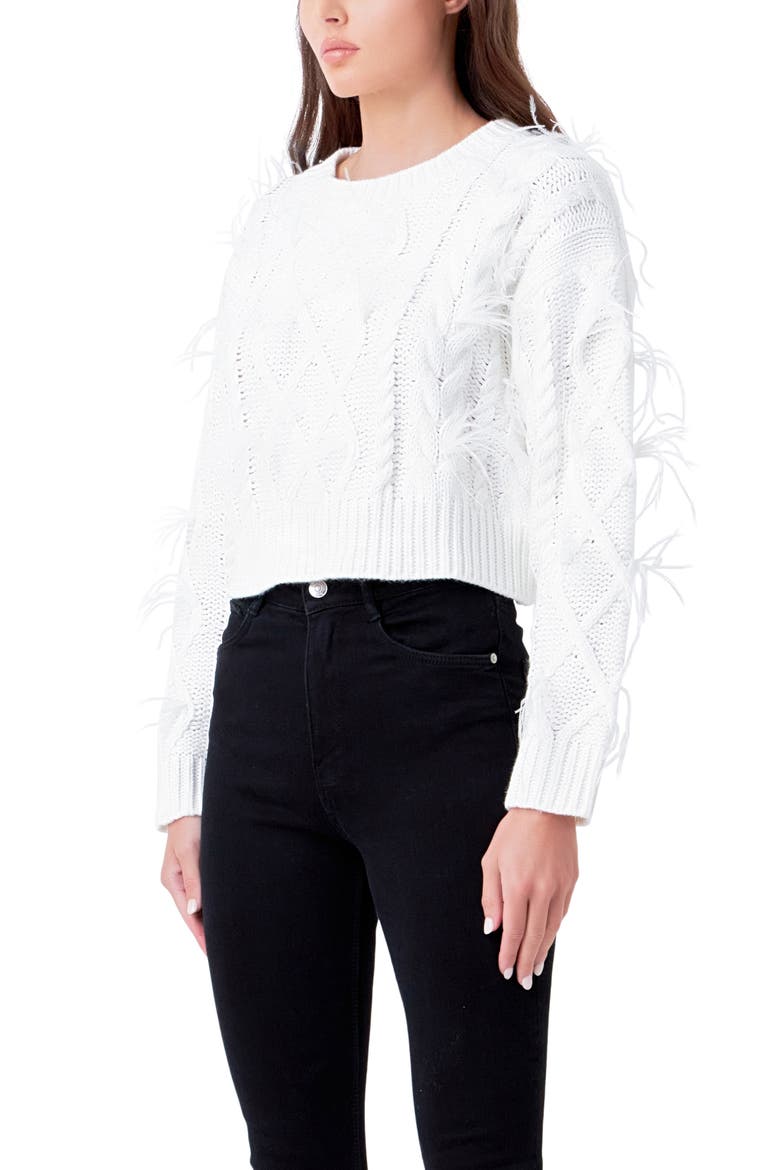 Feather Trim Crop Sweater, Alternate, color, CREAM