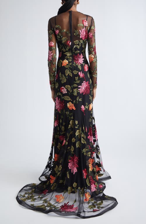Carolina Herrera Chrysanthemum Embroidered Long Sleeve Tulle Trumpet Gown In Multi