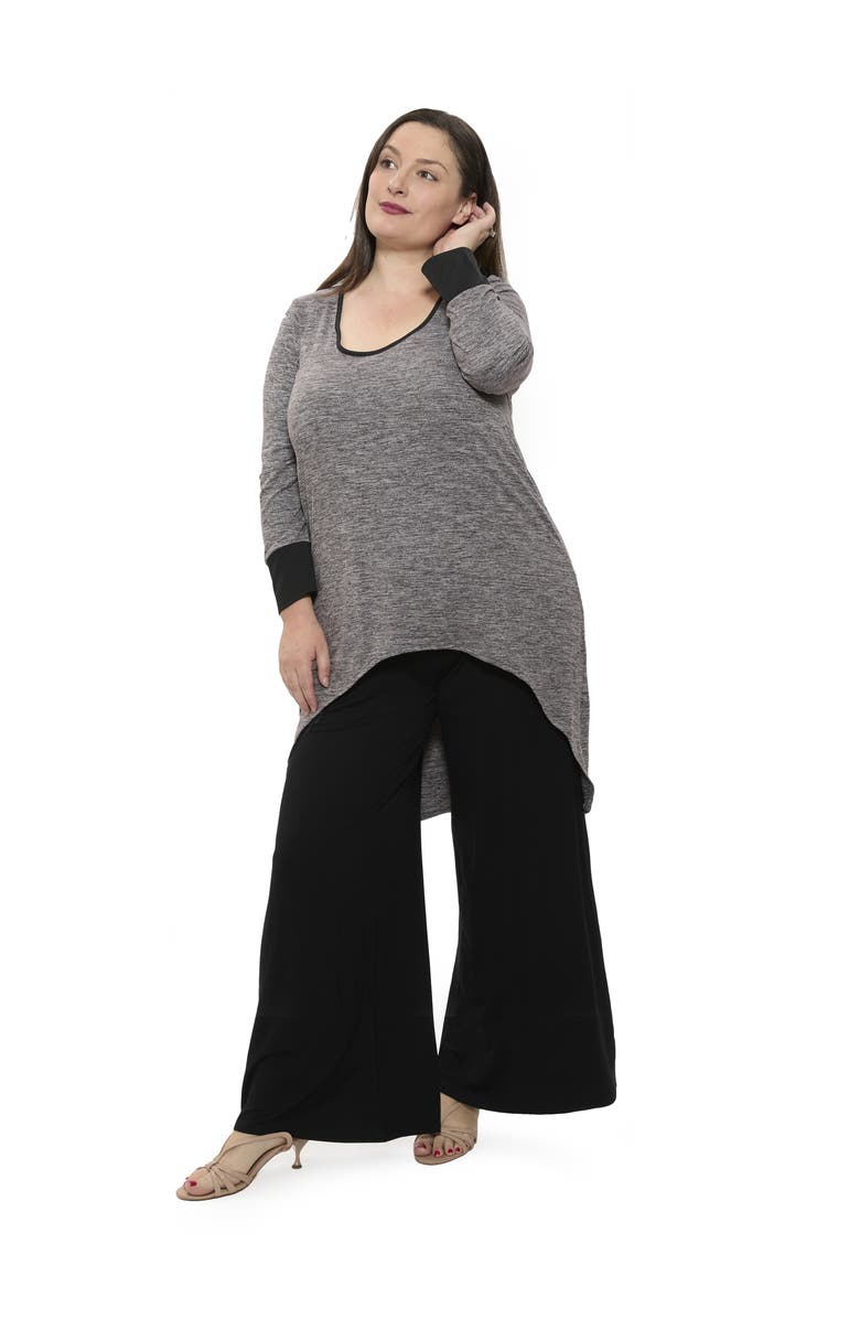 24seven Comfort Apparel Plus Size Two Tone Scoop Neck Long Sleeve High Low Top and Pant Set, Alternate, color, Black