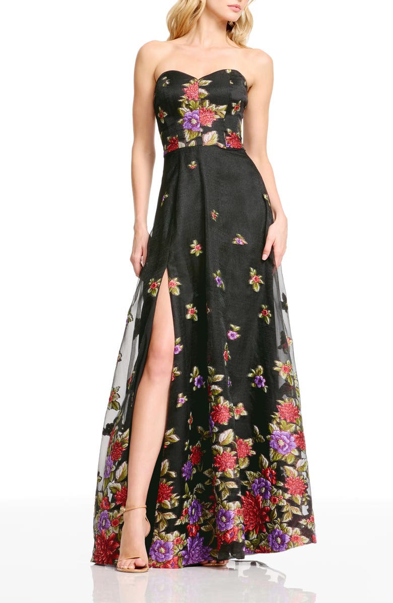 Dress the Population Imogen Floral Strapless Gown, Main, color, Black Multi