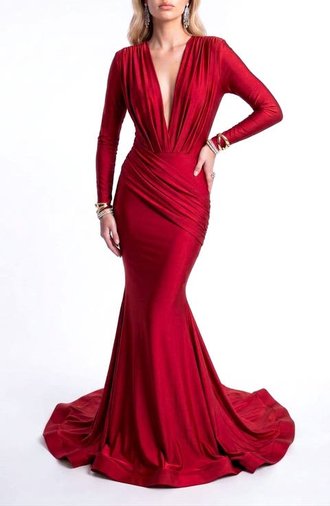 Long Sleeve Plunge V-Neck Ruched Mermaid Gown
