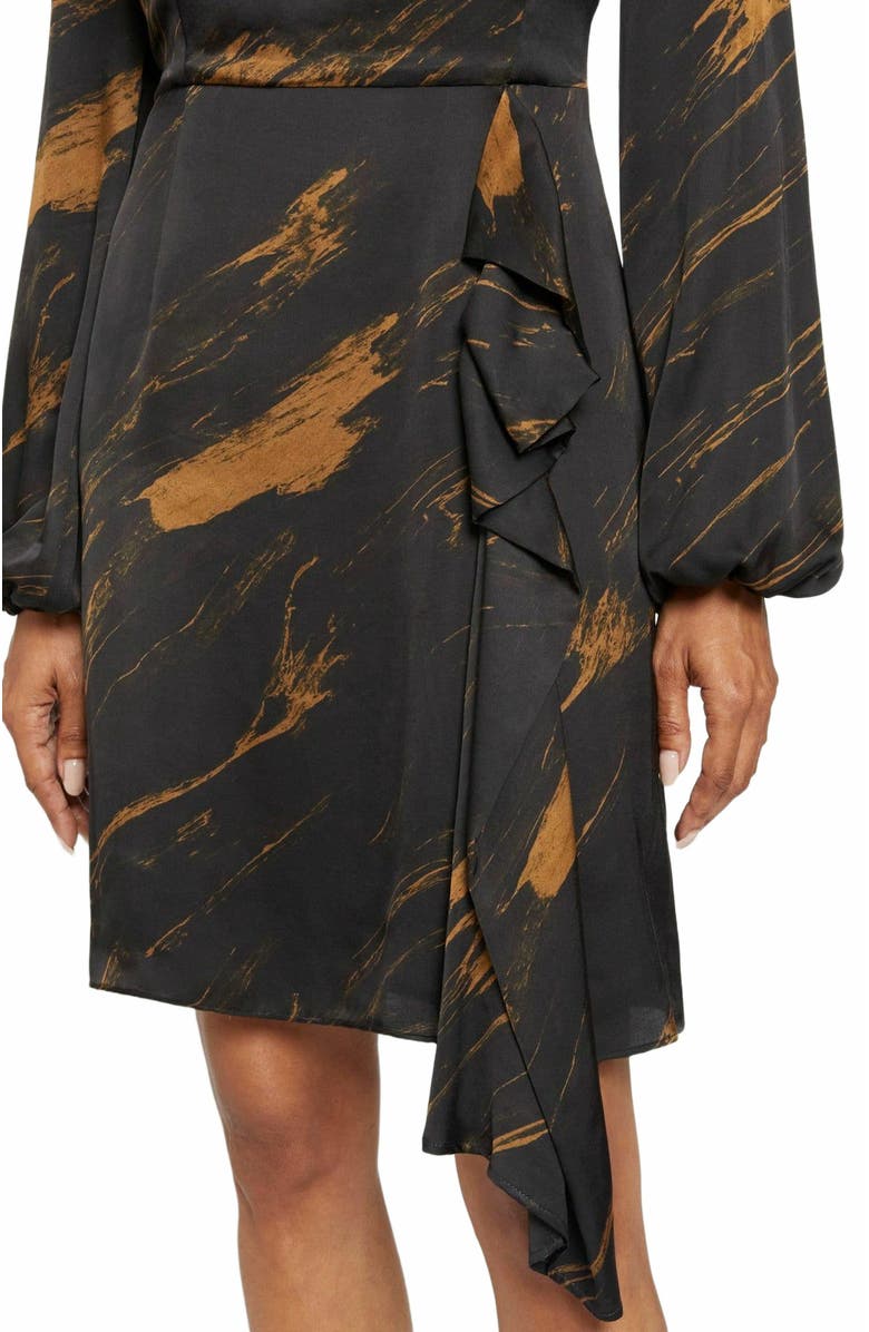 Santorelli MALIA Long Sleeve Dress with Side Ruffle Panel in Abstract Print, Alternate, color, Black