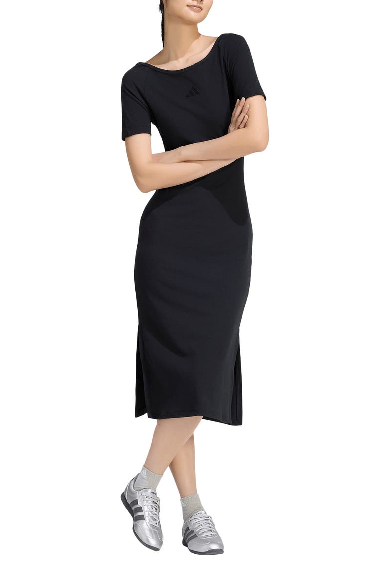 Rib Short Sleeve Midi Dress, Main, color, BLACK