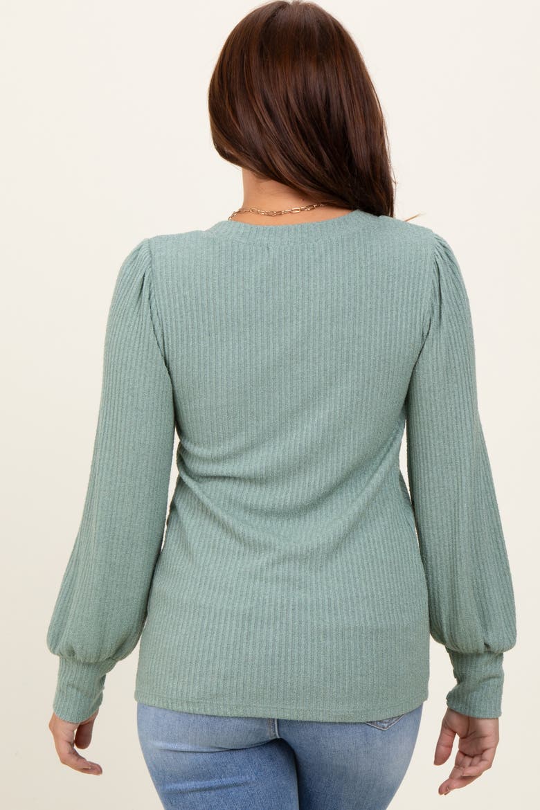 Ribbed Knit V-Neck Button Cuff Top, Alternate, color, Light Olive