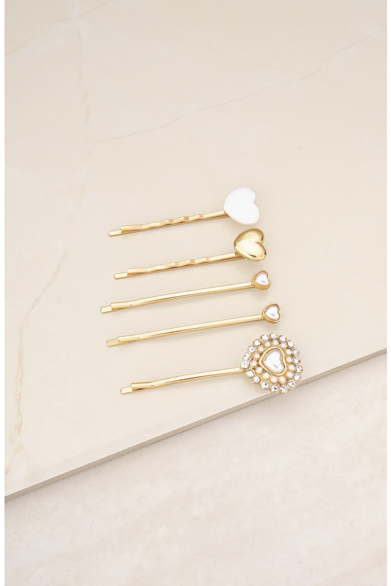 Assorted 5-Pack Crystal & Imitation Pearl Heart Hair Pins, Alternate, color, GOLD