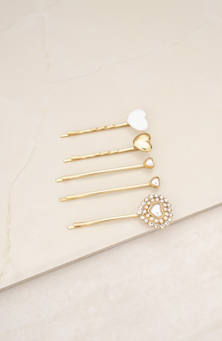 Ettika Assorted 5-Pack Crystal & Imitation Pearl Heart Hair Pins, Alternate, color, Gold