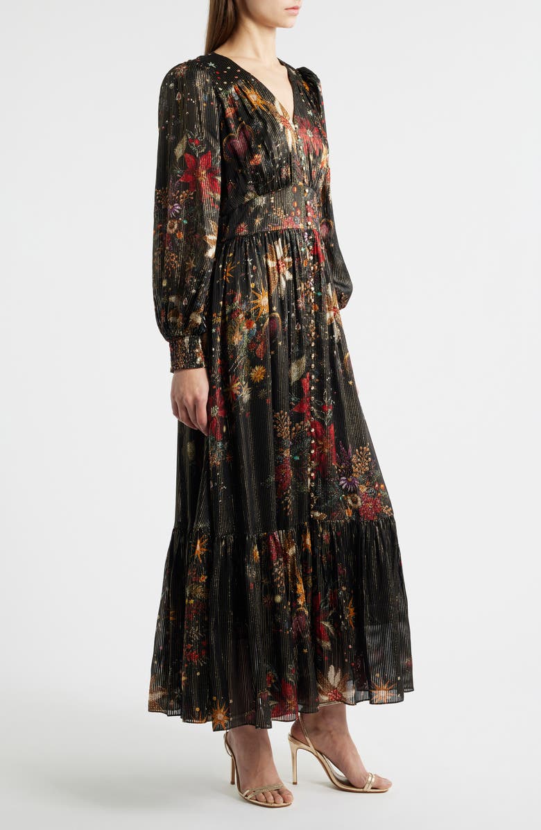 Elie Tahari The Sophie Floral Metallic Stripe Long Sleeve Silk Blend Dress, Alternate, color, Rhinestone Floral