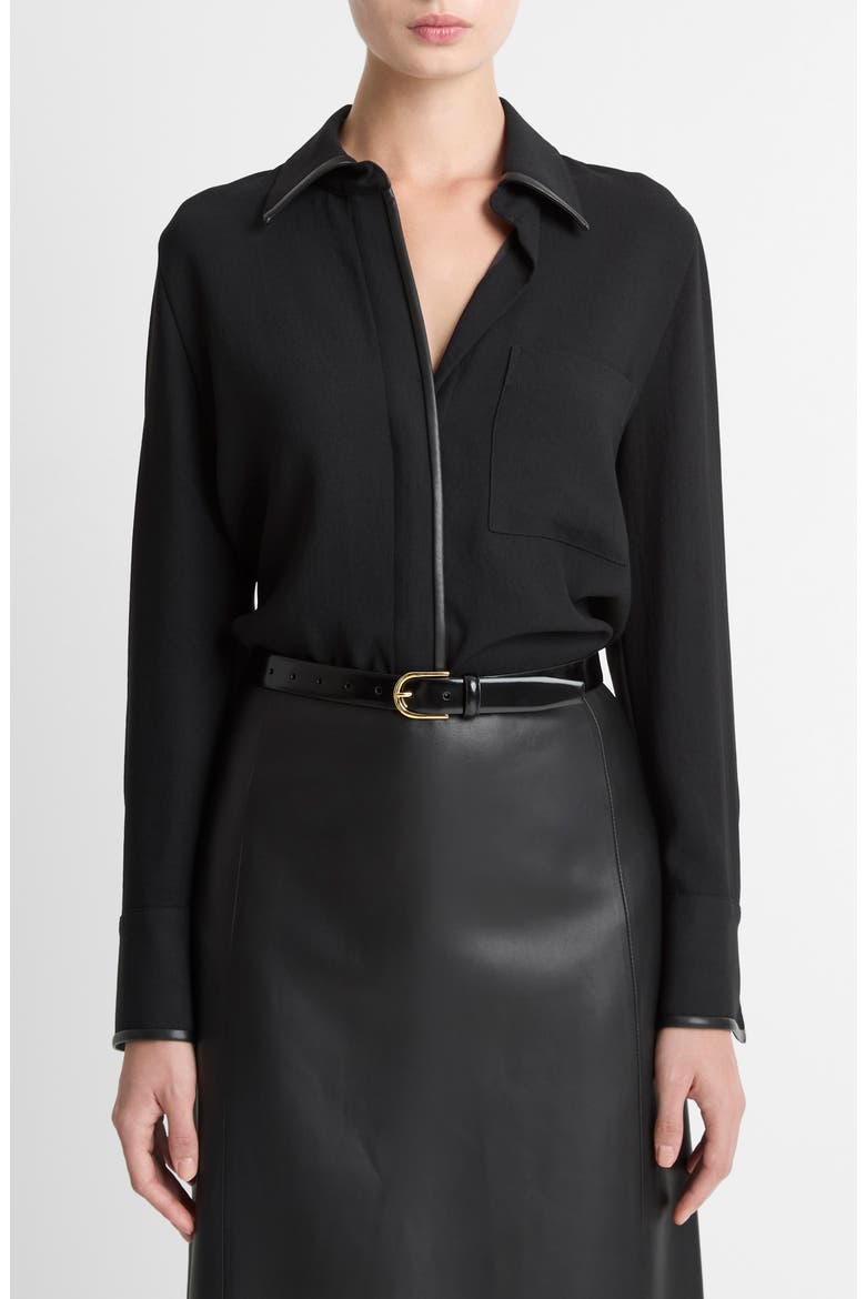 Faux Leather Trim Button-Up Shirt, Main, color, BLACK