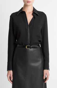 Vince Faux Leather Trim Button-Up Shirt