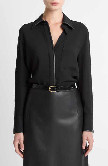 Vince Faux Leather Trim Button-Up Shirt
