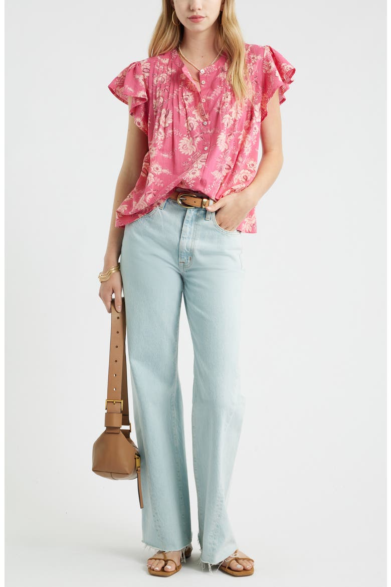 Floral Cotton Pintuck Flutter Sleeve Top, Alternate, color, PINK COTTAGE FORAL STRIPE