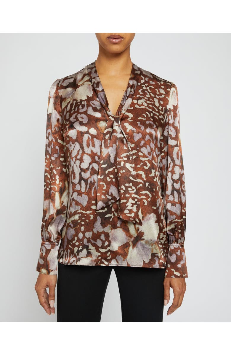 Santorelli FRANCIS Blouse with Neck Tie in Abstract Floral Printed Silk Blend, Main, color, Hickory Multi