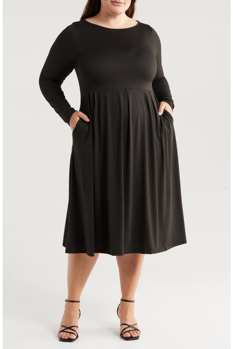 Fit & Flare Long Sleeve Jersey Midi Dress, Main, color, BLACK