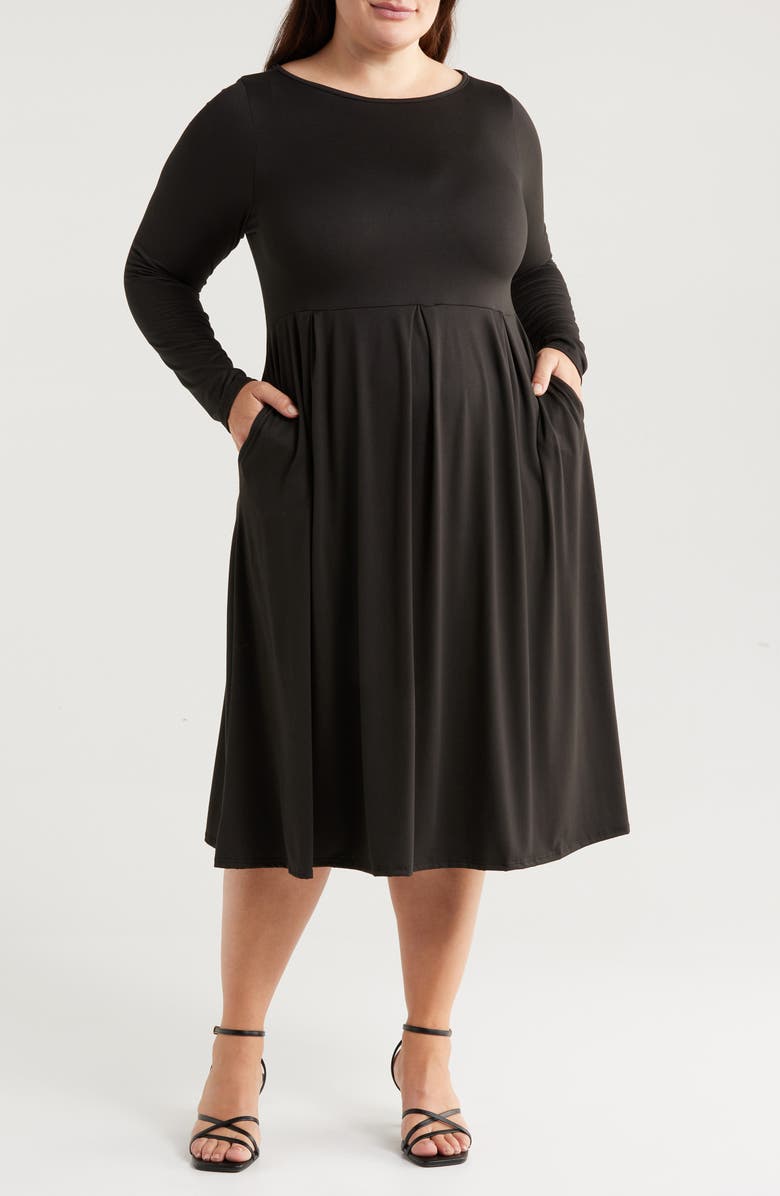 24seven Comfort Apparel Fit & Flare Long Sleeve Jersey Midi Dress, Main, color, Black