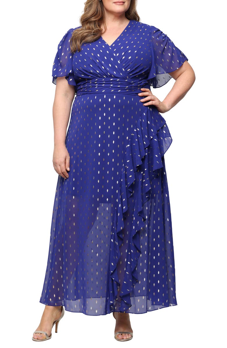 SL FASHIONS Flutter Sleeve Fil Coupé Maxi Dress, Main, color, Iris