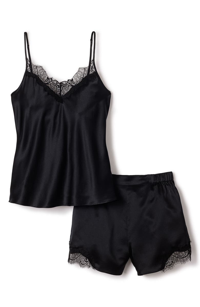 Petite Plume Lace Trim Mulberry Silk Short Pajamas, Alternate, color, Black