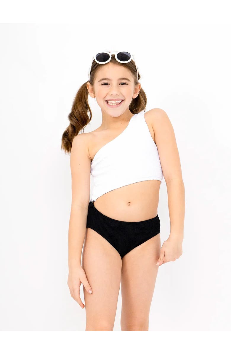 Limeapple Crinkle Cutout One Piece Swimsuit, Main, color, Black And White