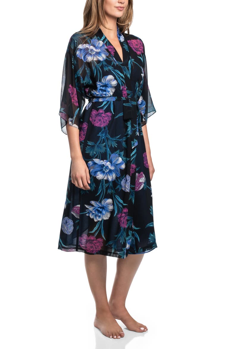 Delphine Floral Chiffon Midi Robe, Alternate, color, BLACK
