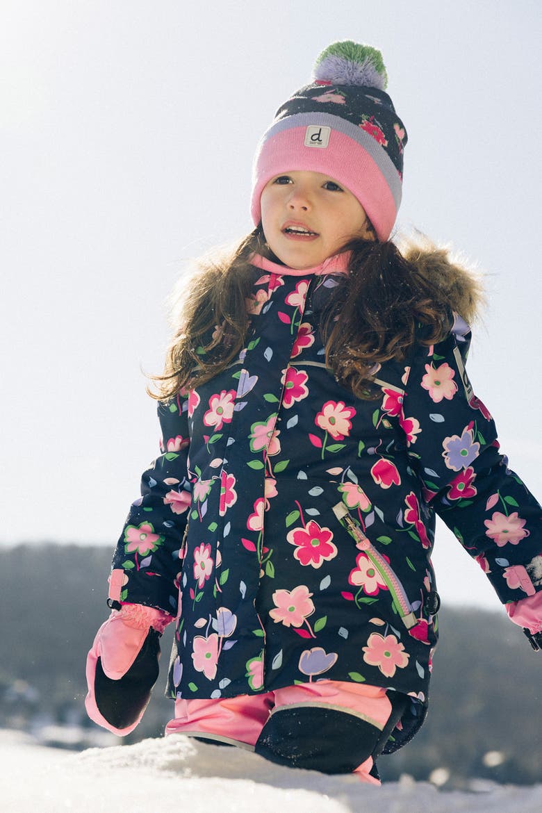 Discover Floral Faux Fur Hood Jacket & Suspender Pants Two Piece Snowsuit, Alternate, color, Blue Floral Print