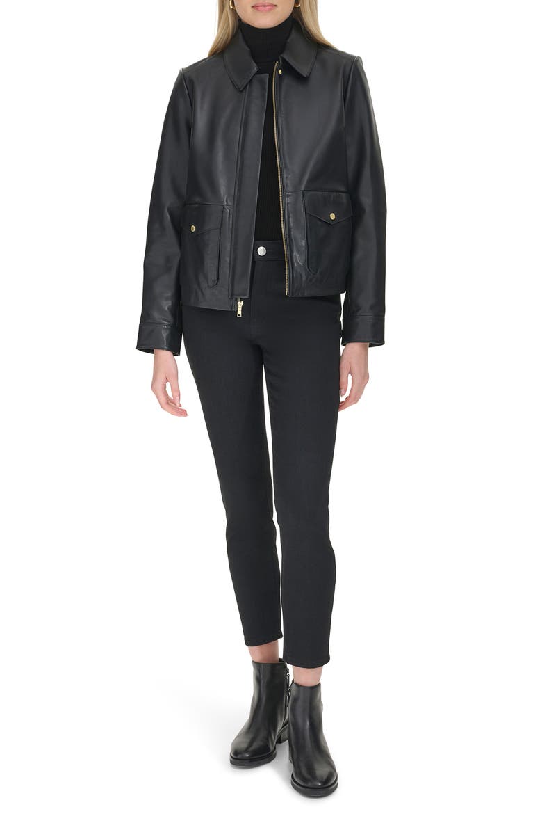 Leather Trucker Jacket, Alternate, color, BLACK