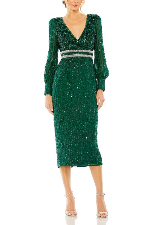 Mac Duggal V-neck Sequined Overlay Gown With Long Bishop Sleeves And Embellished Waist In Multi