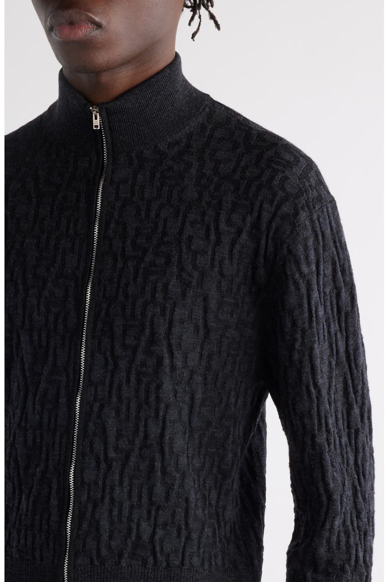 Debossed Zip-Up Wool Cardigan, Alternate, color, BLACK/ GREY