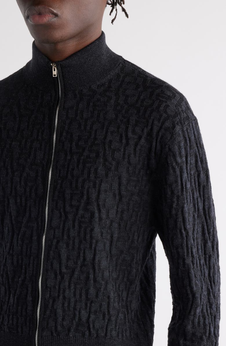 Acne Studios Debossed Zip-Up Wool Cardigan, Alternate, color, Black/ Grey