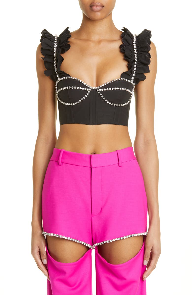 Area Crystal Embellished Ruffle Bustier Top, Main, color,