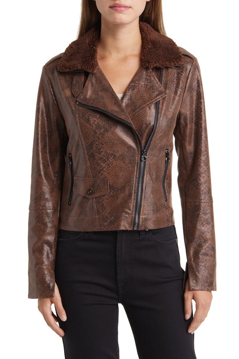 Liana Faux Shearling Collar Faux Snakeskin Moto Jacket, Alternate, color, COCOA POWDER SNAKE