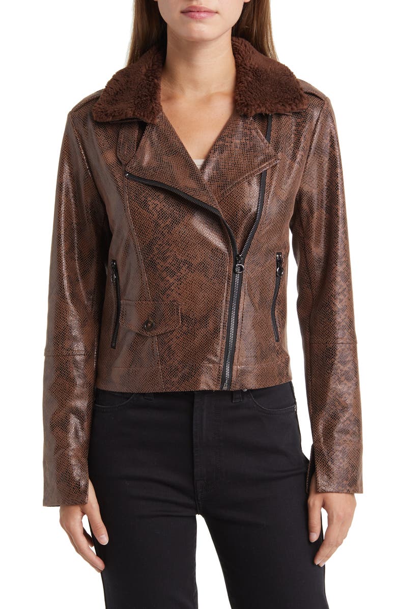 Lysse Liana Faux Shearling Collar Faux Snakeskin Moto Jacket, Alternate, color, Cocoa Powder Snake