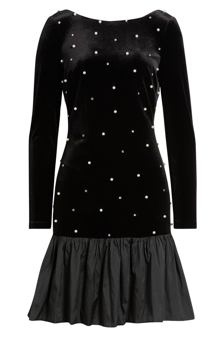 Embellished Long Sleeve Ruffle Hem Cocktail Dress, Alternate, color, BLACK