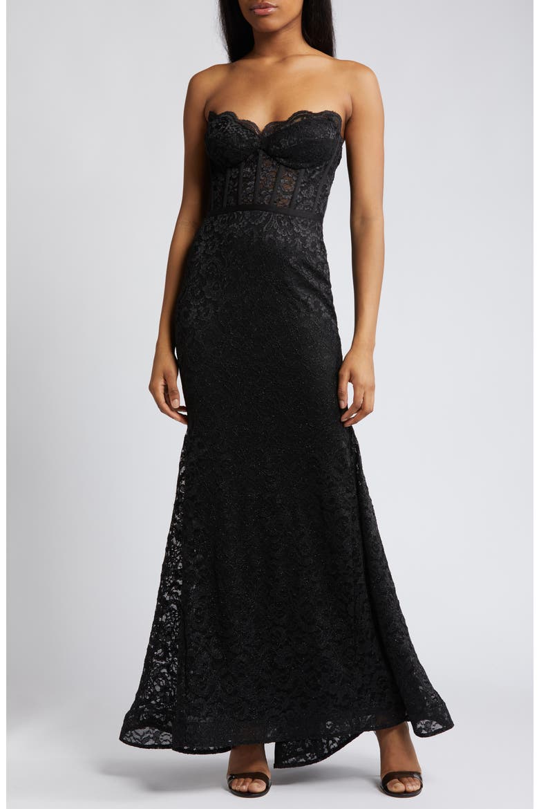 Glitter Lace Strapless Mermaid Gown, Main, color, BLACK