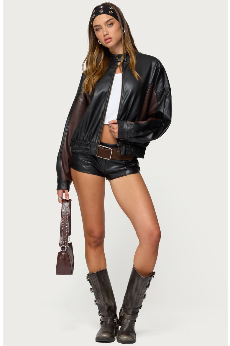Lavena Oversize Colorblock Faux Leather Moto Jacket, Alternate, color, BLACK
