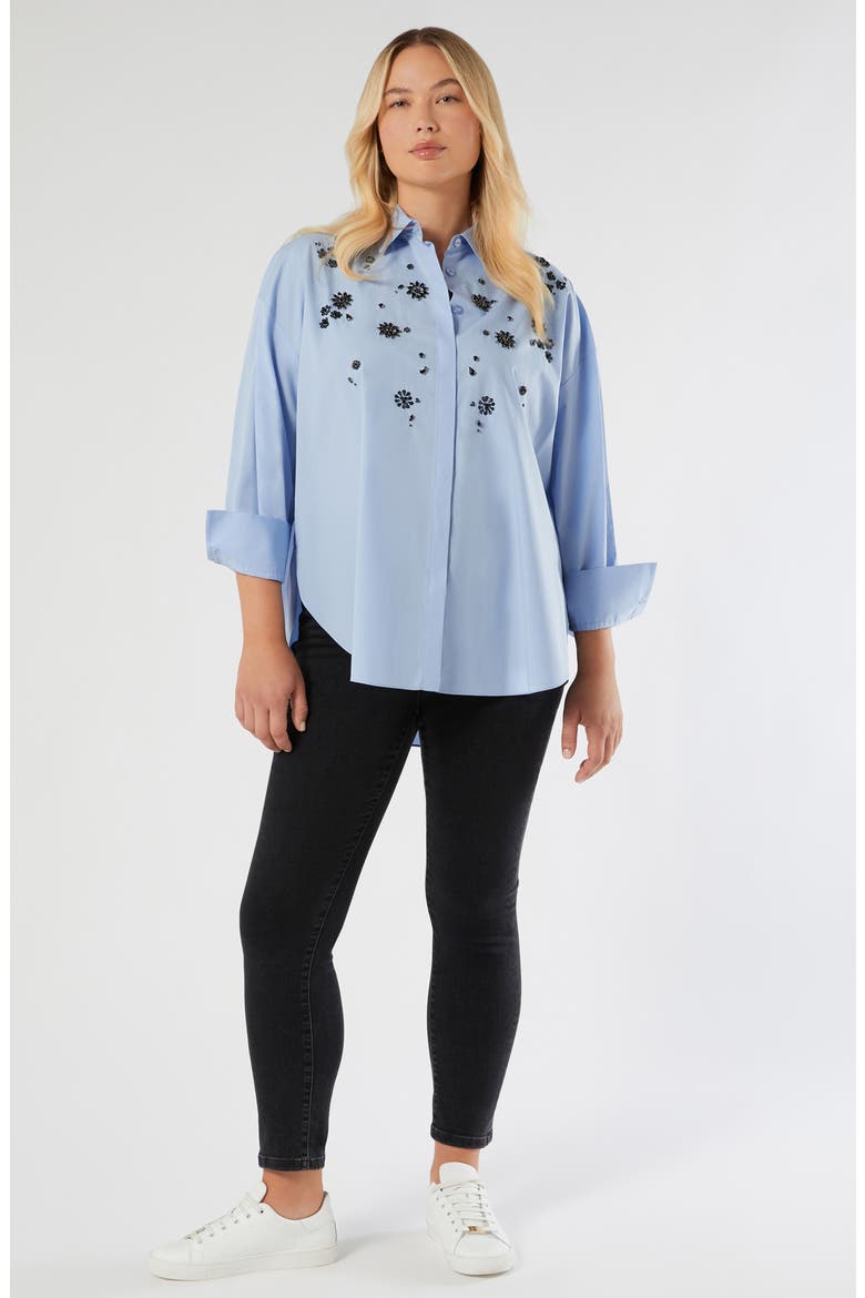 Uganda Embellished Oversize Cotton Button-Up Shirt, Alternate, color, LIGHT BLUE