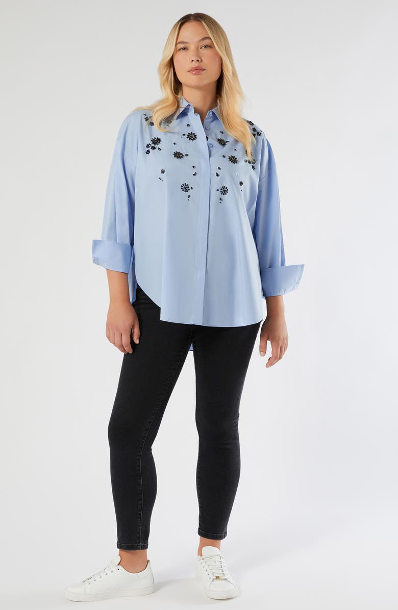 Marina Rinaldi Uganda Embellished Oversize Cotton Button-Up Shirt, Alternate, color, Light Blue
