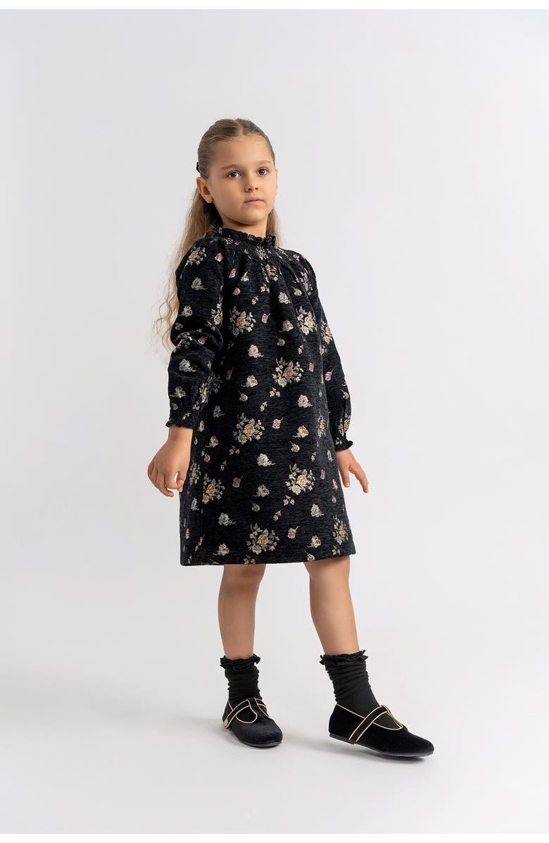 Space Grey Floral Brocade Velvet Dress, Long Sleeve Smocked Neck, Alternate, color, Black