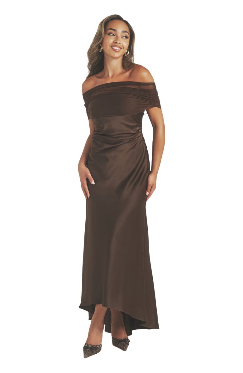 Six Stories Bardot Detail Satin Midaxi Dress, Main, color, Mocha