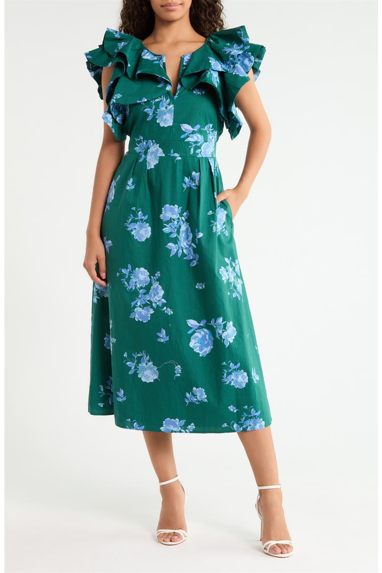 Santana Floral Tie Back Cotton Dress, Main, color, TEAL-BLUE