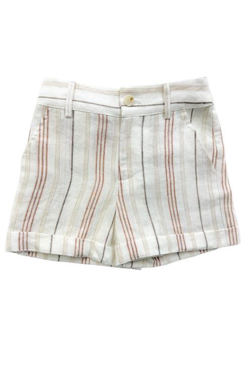 White and Beige Boys' Striped Linen Shorts