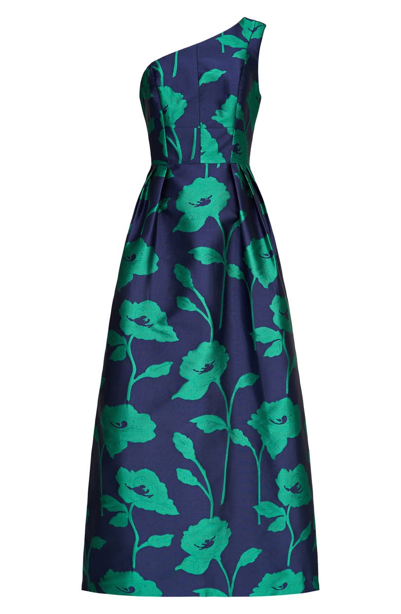 Kay Unger Tiara Floral Print One-Shoulder Gown, Alternate, color, Navy/ Emerald