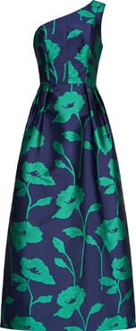 Kay Unger Tiara Floral Print One-Shoulder Gown