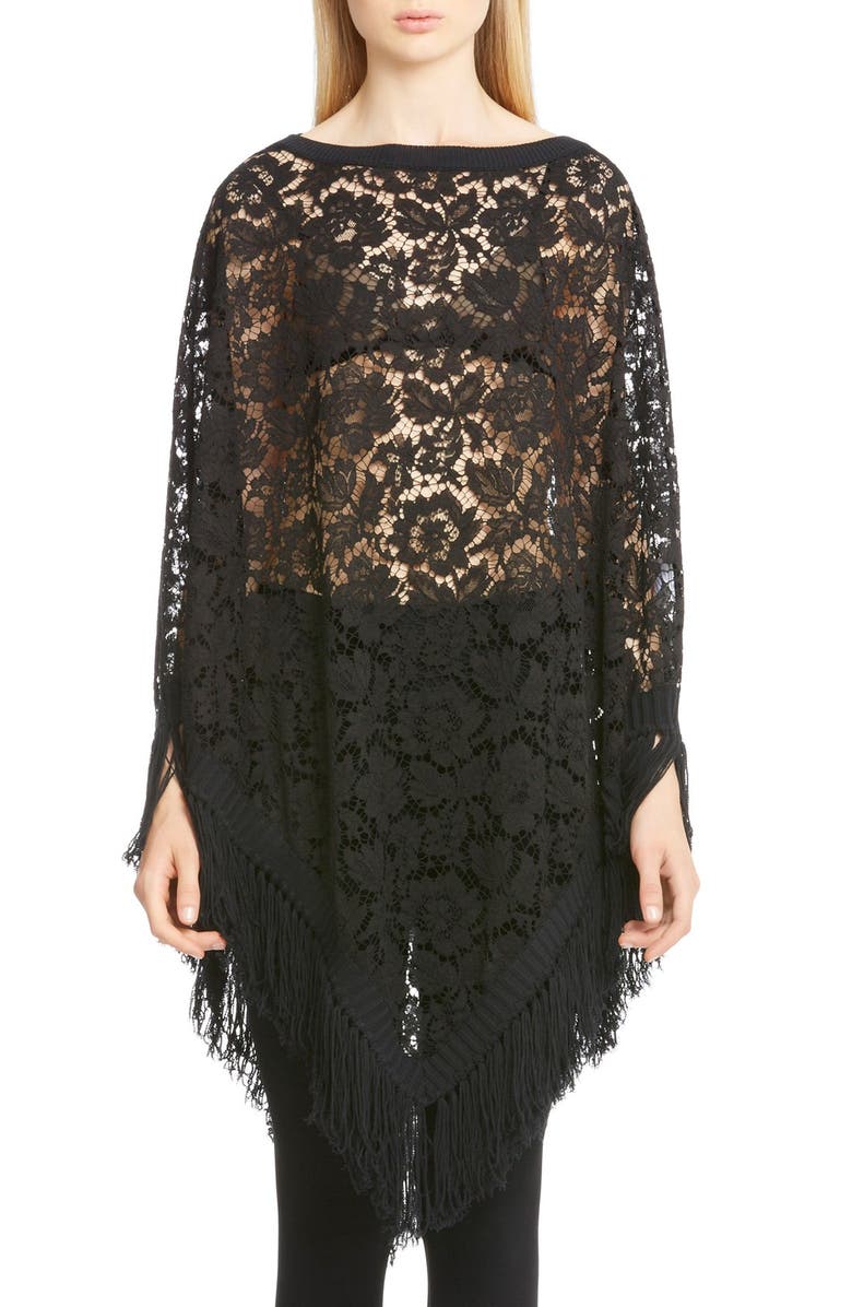 Valentino Fringed Lace Poncho, Main, color,