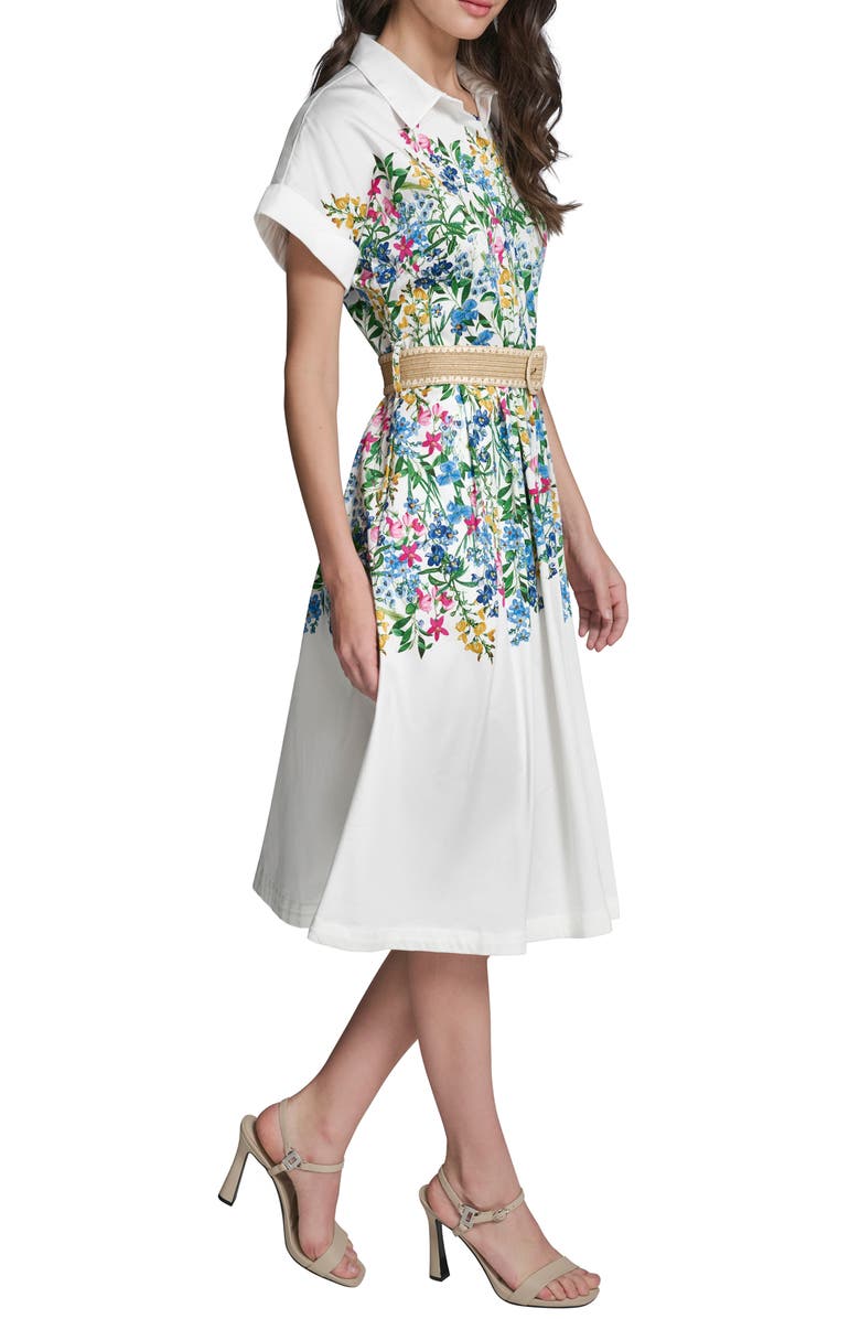 KARL LAGERFELD PARIS Placed Floral Print Belted Midi Shirtdress, Alternate, color, Soft White Combo
