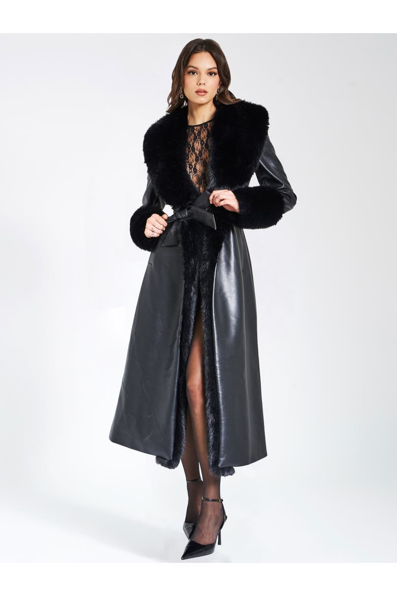 Zaida Full-Length Vegan Leather Fur Trim Coat, Alternate, color, Black