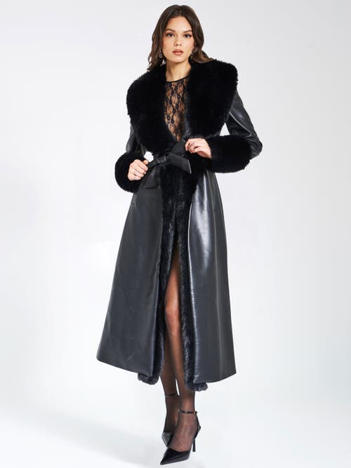Miss Circle Zaida Full-length Vegan Leather Fur Trim Coat In Black
