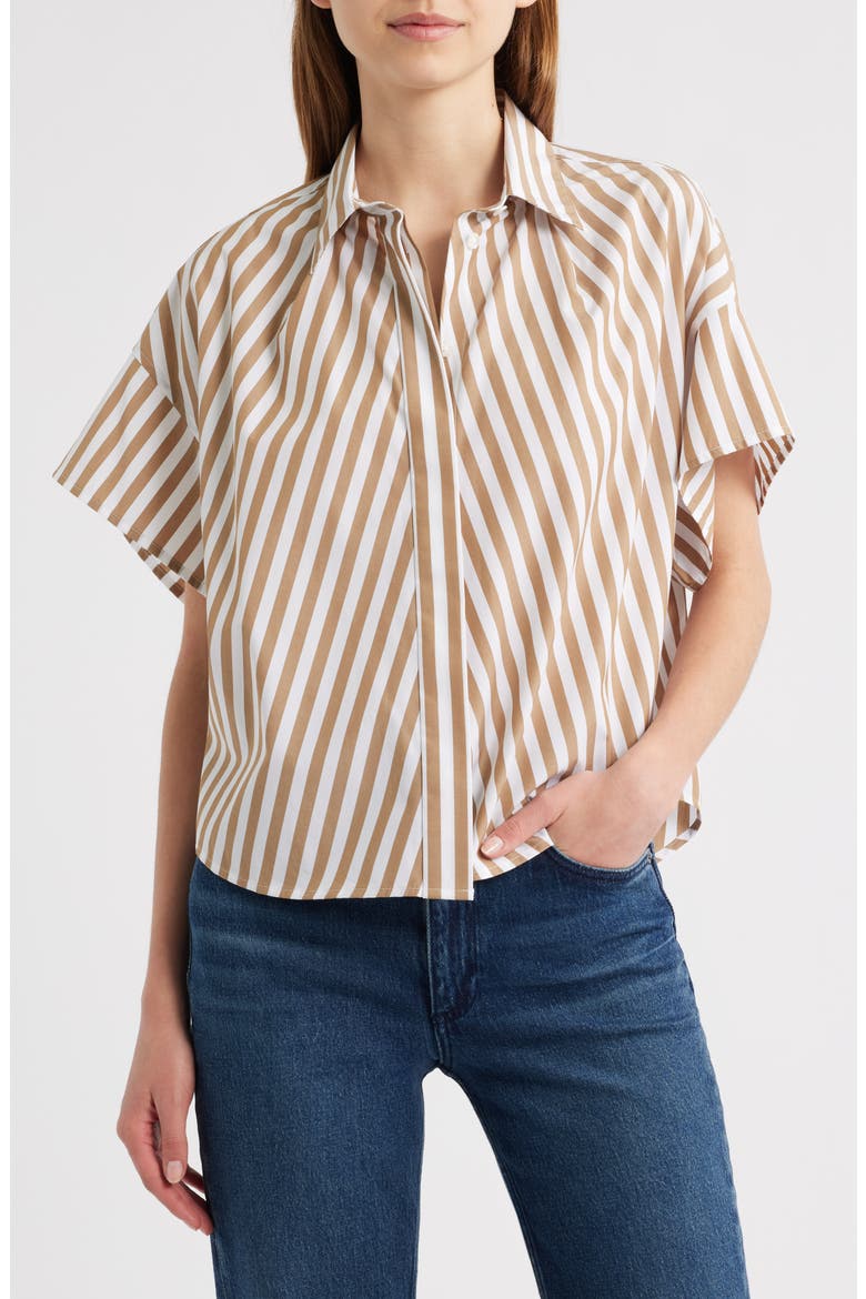 Maura Stripe High-Low Cotton Poplin Button-Up Shirt, Main, color, BROWN STRIPE