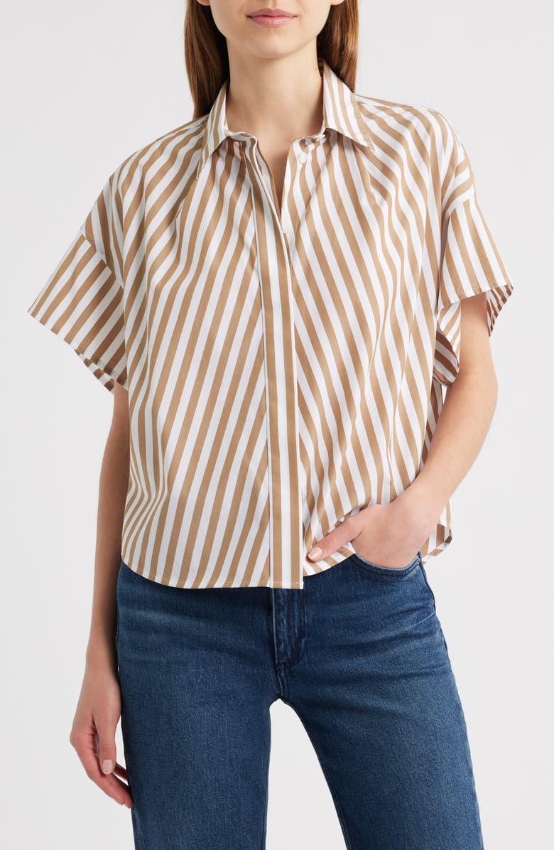 rag & bone Maura Stripe High-Low Cotton Poplin Button-Up Shirt, Main, color, Brown Stripe