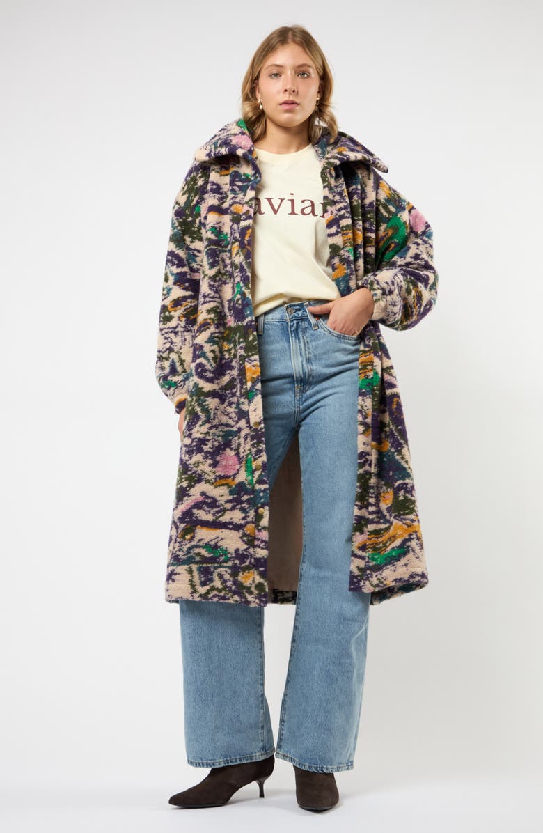 Viens Avec Moi The Aurora Abstract Print Wool Blend Coat, Alternate, color, Purple