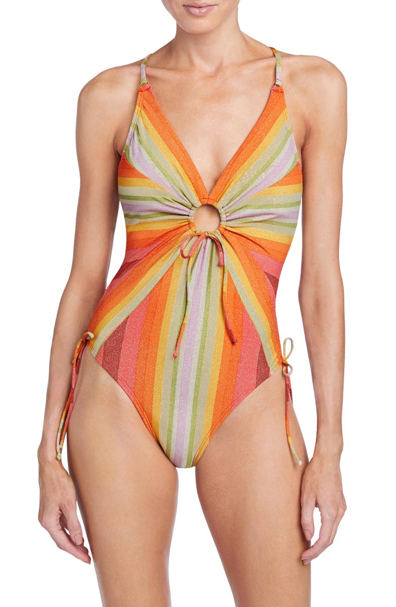 Robin Piccone Greta Ruched Keyhole Cutout One-Piece Swimsuit, Main, color, 